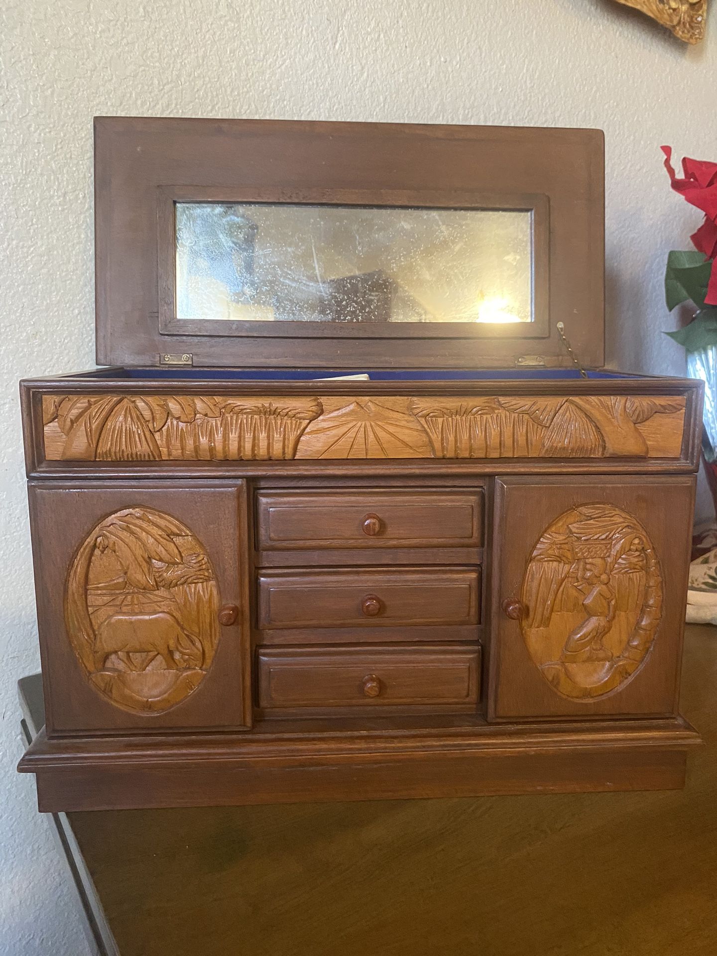 Vintage Antique Brown Wooden Jewelry Box Chest Drawer Lid Mirror