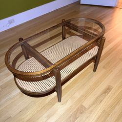 Mid Century Modern Boho Style Coffee Table Glass Rattan Wood