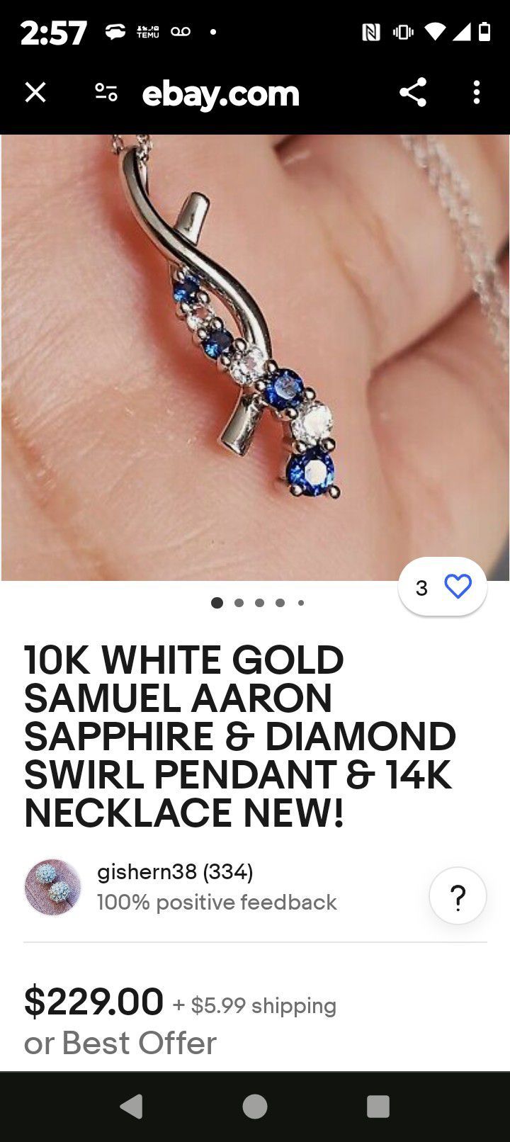 14K WHITE GOLD SAMUEL AARON SAPPHIRE & DIAMOND SWIRL PENDANT With NECKLACE!

