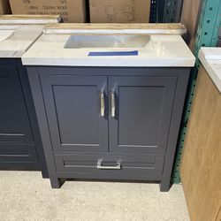 30” Bathroom Vanity in grey , single sink soft close solid wood with vanity top in white  $475  Luke’s liquidations warehouse Address:  2434 N Forsyth