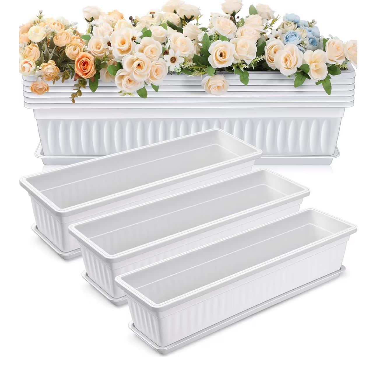6 Sets 27 Inch Window Flower Box XL Window Sill Herb Garden Long Rectangle Planter Plastic Boxes Outdoor with Drainage Trays for Balcony Win