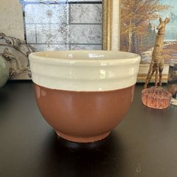 Vintage Rustic Farmhouse Decor Vintage Oxford Stoneware 7”Mixing Bowl In Ribbed Cream & Brown + Patina