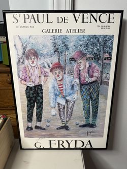 Signed G. FRYDA Print Poster Of Three Clowns Lawn Bowling Framed