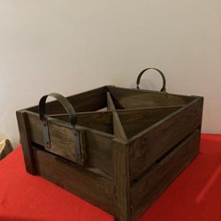 Wooden Wine Storage Box w/ Divider & Metal Handles 17” x 16” x 8 1/2” Wood Crate