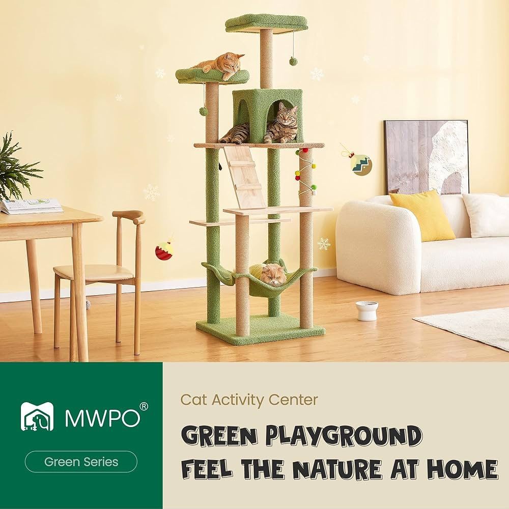 🥨64”H MWPO Green Modern Cat Tree,Large Wood Cat Tower for Indoor Cats, Multi-Level Tall Cat Condo with 2 Padded Perches, Hammock, Scratching Posts