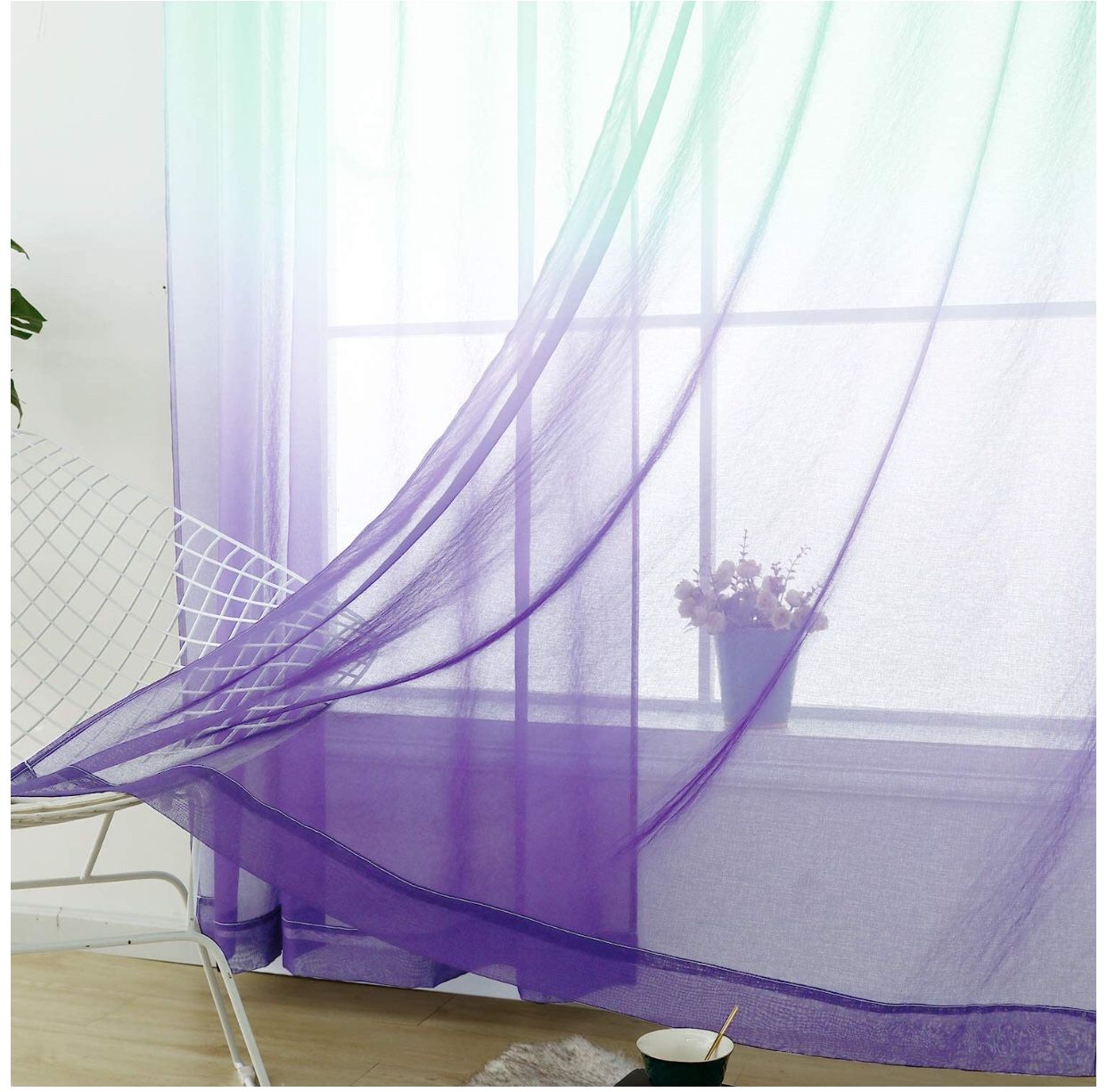 Sheer Curtains Mermaid Decor Reversible Lilac and Turquoise Voile Reversible Panels 100% Polyester Faux Linen