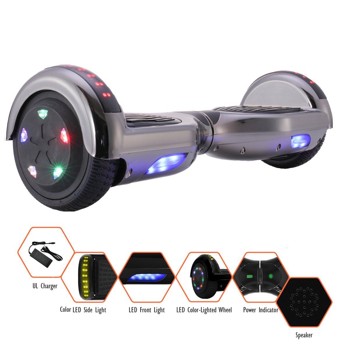 GlareWheel Chrome Blue Hoverboard With Built In Bluetooth Speaker