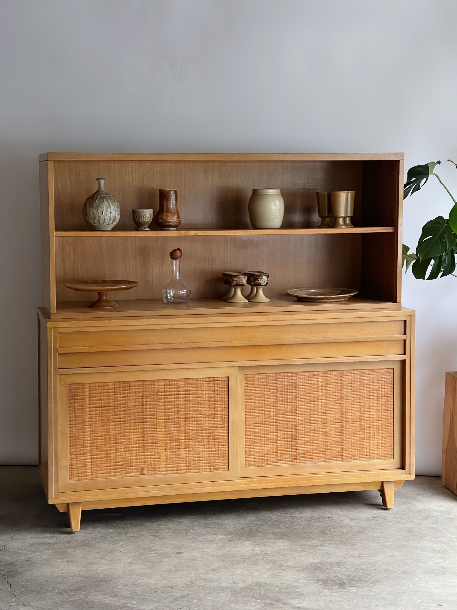 Mid Century Blonde Cane Hutch