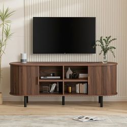 55" TV Stand for 60" TV, Wood Entertainment Center with Storage and Shelves, 2 Sliding Tambour Doors, Mid-Century Modern