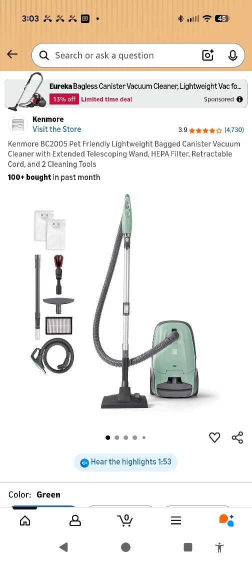 Barely Used Kenmore Canister Vacuum