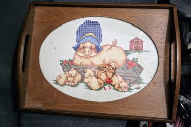 Vintage Tray Stiched With a Pig