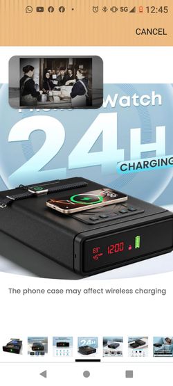 Biometric Fingerprint Gun Safe with Phone & Watch Wireless Charging, 3 Quick Access, Clock Handgun Safe with Adjustable Brightness, Backlit Keypad, Pi