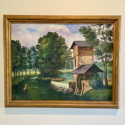 Original Antique Country Oil Painting and Frame Waterscape Fishing Farm 