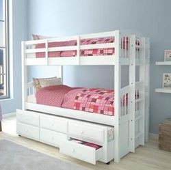 WHITE FINISH TWIN OVER TWIN SIZE BUNK BED TRUNDLE + STORAGE DRAWERS