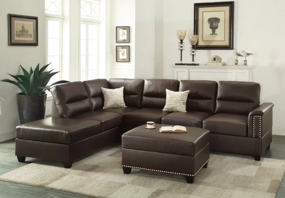 Brand New 112" x 84" Brown Bonded Leather (Not Faux Leather) Reversible Sectional + Matching Ottoman
