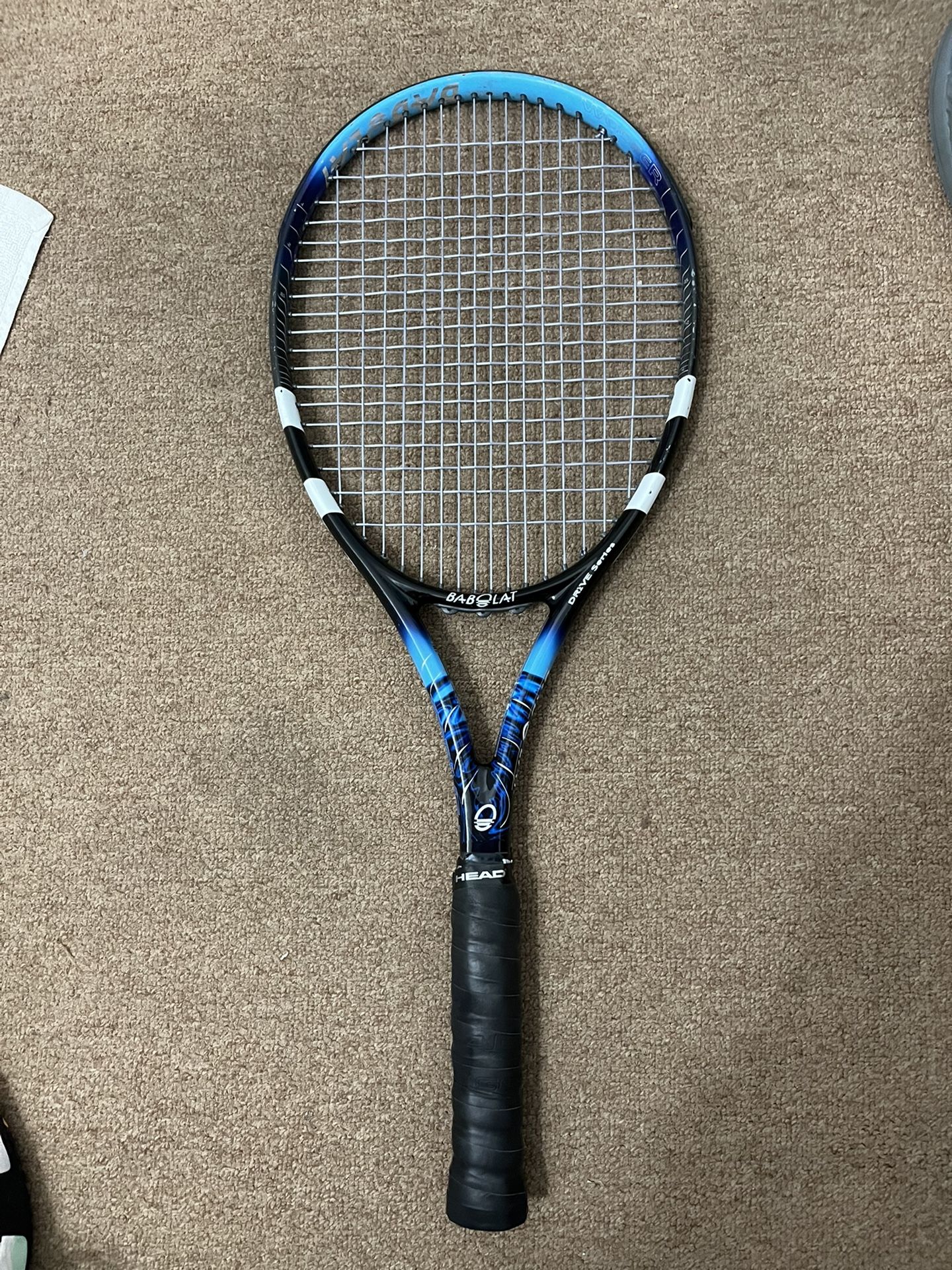 Babolat Pure Drive Tennis Racket + Woofer Swirly Blue Strung 4 & 5/8 Grip Very Good