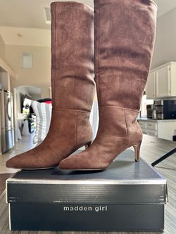 Madden Girl Brown Suede Knee-High Heeled Boots
