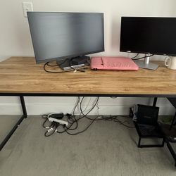 Huge Computer Desk for Home Office Desk, Gaming, Writing Work from Home, Study Desk,Sturdy Metal Frame, Rustic Brown wooden top, side storage, holds 2