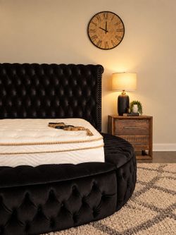 Black Velvet Tufted Round Bed Frame with Storage