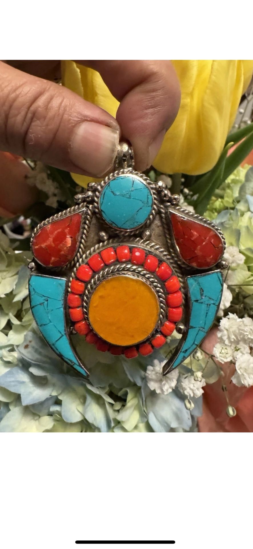 Stunning & Unique Handcrafted Ethnic Tibetan & Navajo Style Pendant With Stones Set In Silver 3”in & 74grams.