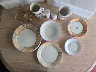 48 piece Corelle Sand Art dinner and glass ware set with salt and pepper shaker
