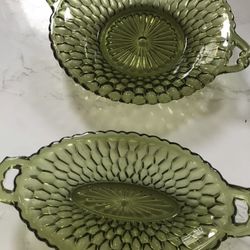 🔥2 RARE  INDIAN GREEN VINTAGE HONEYCOMB GLASS DISHES Oval & Round w Handles 🔥
