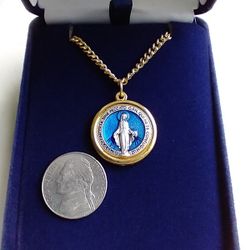 Stainless Steel Two Tone Miraculous Metal With Blue Enameling On An 18-in Gold Plated Chain.  Religious Jewelry.
