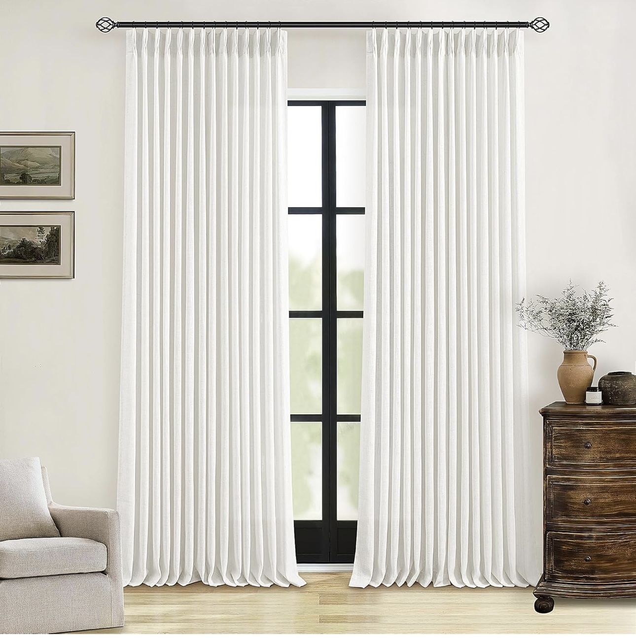 Pinch Pleated Linen Curtains 108 Inches Long for Living Room 2 Panels Set