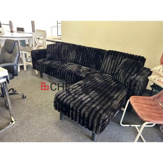 Black / Dark Gray Corduroy Fabric Upholstered Reversible Chaise L-Shape Sectional Click-Clack Convertible Sofa Bed with 2 Throw Pillows and USB Port.