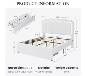 Queen Bed Frame with LED Lights and Storage Drawer, White
Upholstered Velvet Platform Bed with Adjuatable Wavy Headboard, Noise-Free, Easy Assembly,No