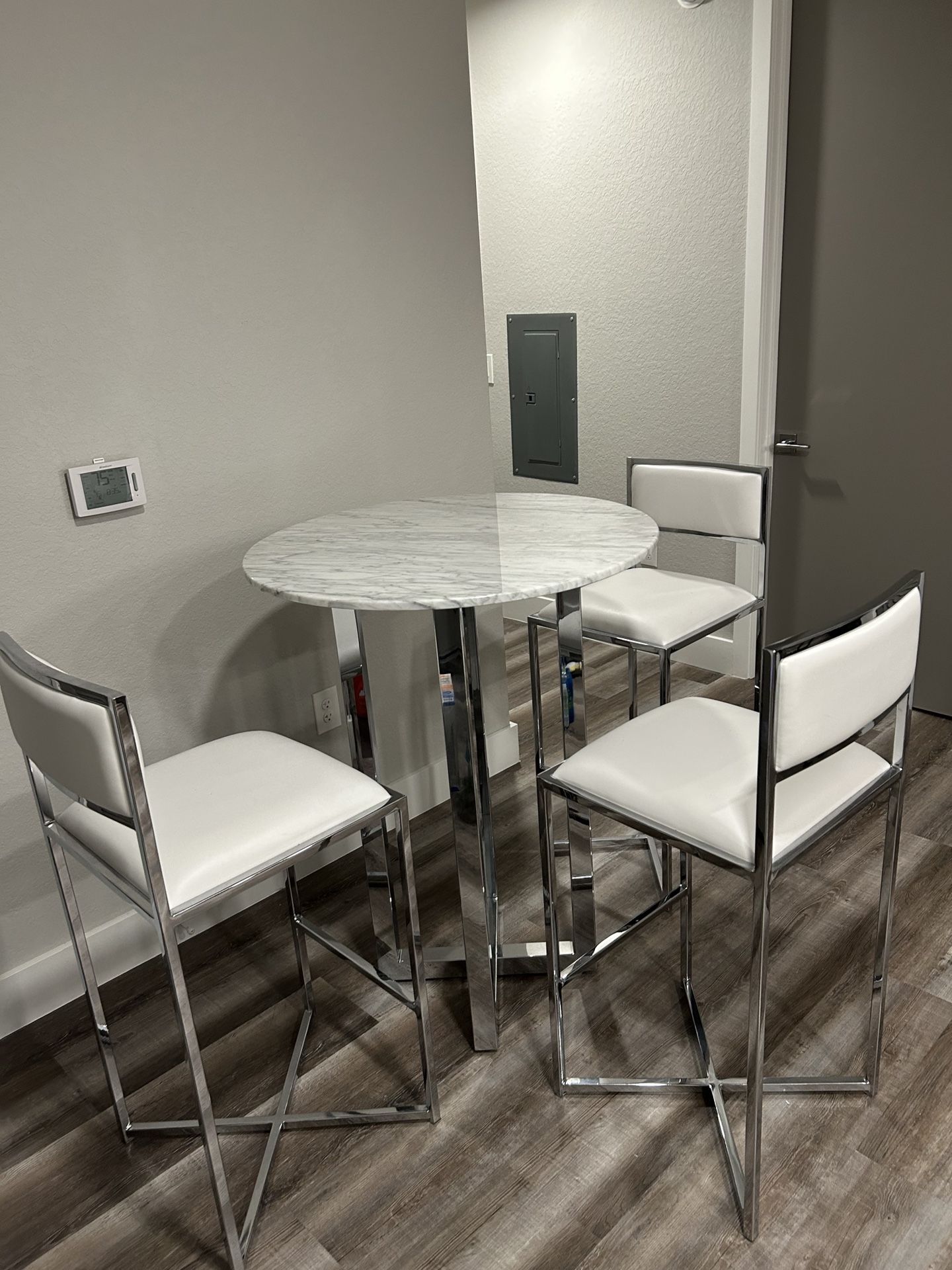 Amalfi White Marble Pub Table & 2 Metal Barstools