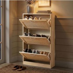 Shoe Cabinet for Entryway, Narrow Shoe Storage with 3 Flip Drawers