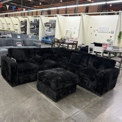 BRAND NEW BLACK THICK FLUFFY CORDUROY SECTIONAL SOFA COUCH WITH OTTOMAN (NEW IN BOXES)