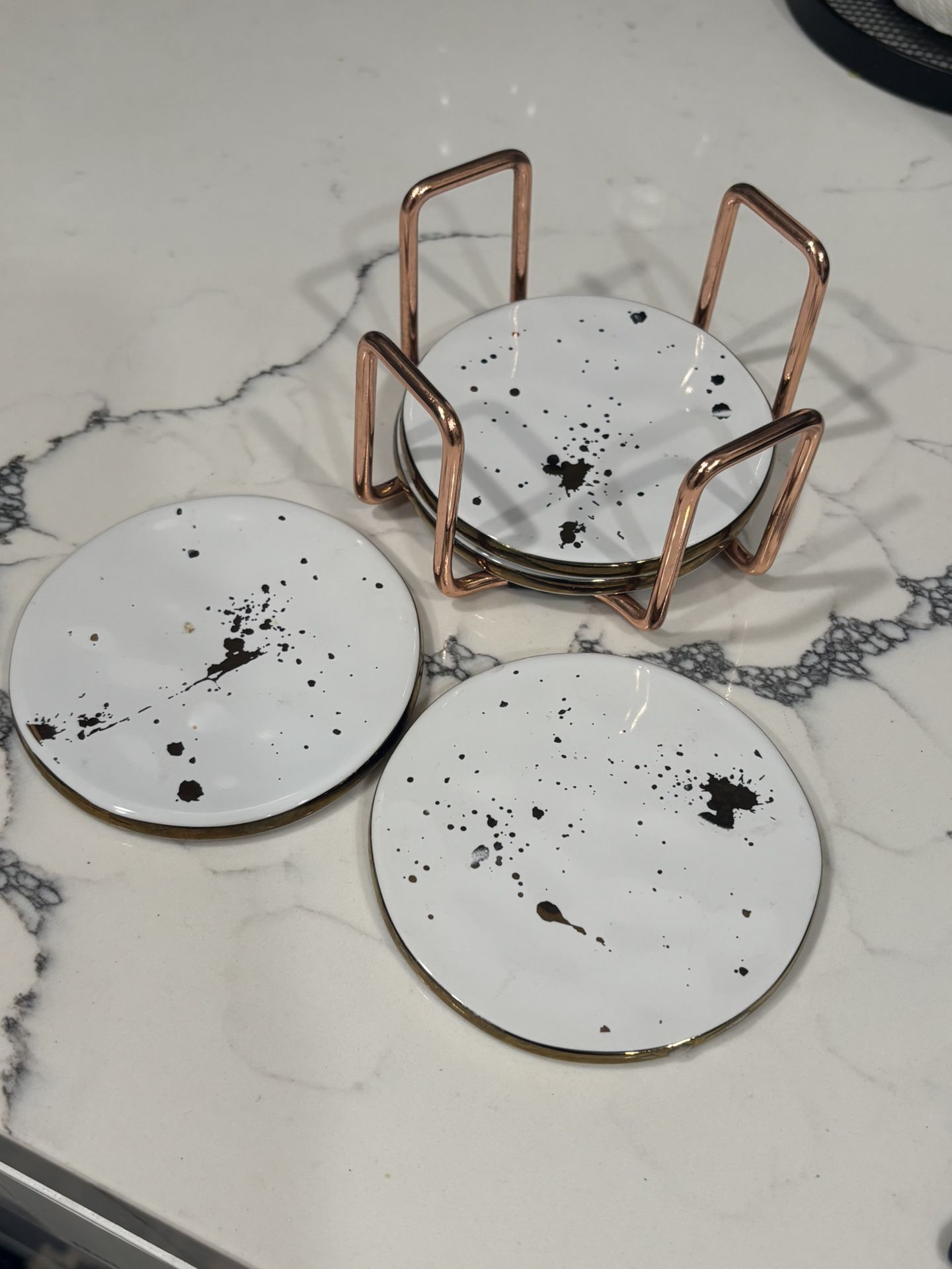 White and Black Splatter Coaster Set with Rose Gold Holder