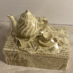 90s Trinket Box mini Teapot set Figurine Lid Top gold tea print vintage