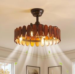 NEW: SAYTOP Farmhouse Wood Ceiling Fan with Lights - 19.7 Inch Fandelier