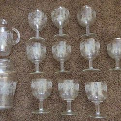 Vintage Etched  Glass 2 Glass Pitcher Set With 10 Goblets 