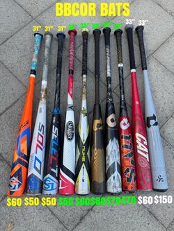 Baseball Bats BBCOR certified sizes and prices are labeled in the pictures. Have more equipment available