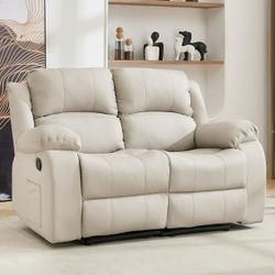 Reclining Couch Sleeper Sofa Set Chaise Lounge Chair Leather Recliner Couch Loveseat for Living Room, Theater Seating - Beige