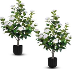 Hananona 2 Pcs Artificial Camellia Trees Faux Camellia Plant in Pot