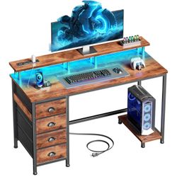 Furologee Computer Desk with Power Outlets & Monitor Stand, 47 Inch Reversible Gaming Desk with LED