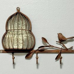 Weathered Metal French Style Bird Cage Leaf Mirror Wall Hanging Hook Hanger Decor