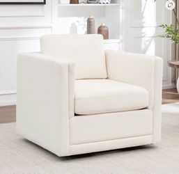 MINCETA Oversized Accent Chair, 360° Swivel Accent Chair with Metal Base, Modern Square Living Room Armchair for Bedroom, Boucle Fabric, White