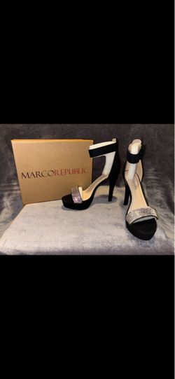 Marco Republic Black Strappy Heels with Rhinestone Strap, Size 7.5, 8.5, 10