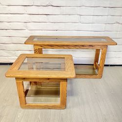 Vintage MCM Wood & Glass Sofa Table & End Table