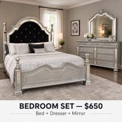 Silver Glam Bedroom Set – Bed, Dresser & Mirror king size