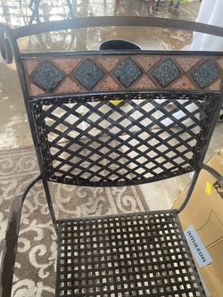 2x Ornate And Beautiful Wrought Iron Garden Chairs With Tile Inlay On Back Rest. Heavy Duty Built The Last One Piece Iron Chairs. (2)