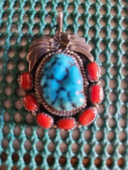 Navajo Turquoise and Coral Silver Pendant