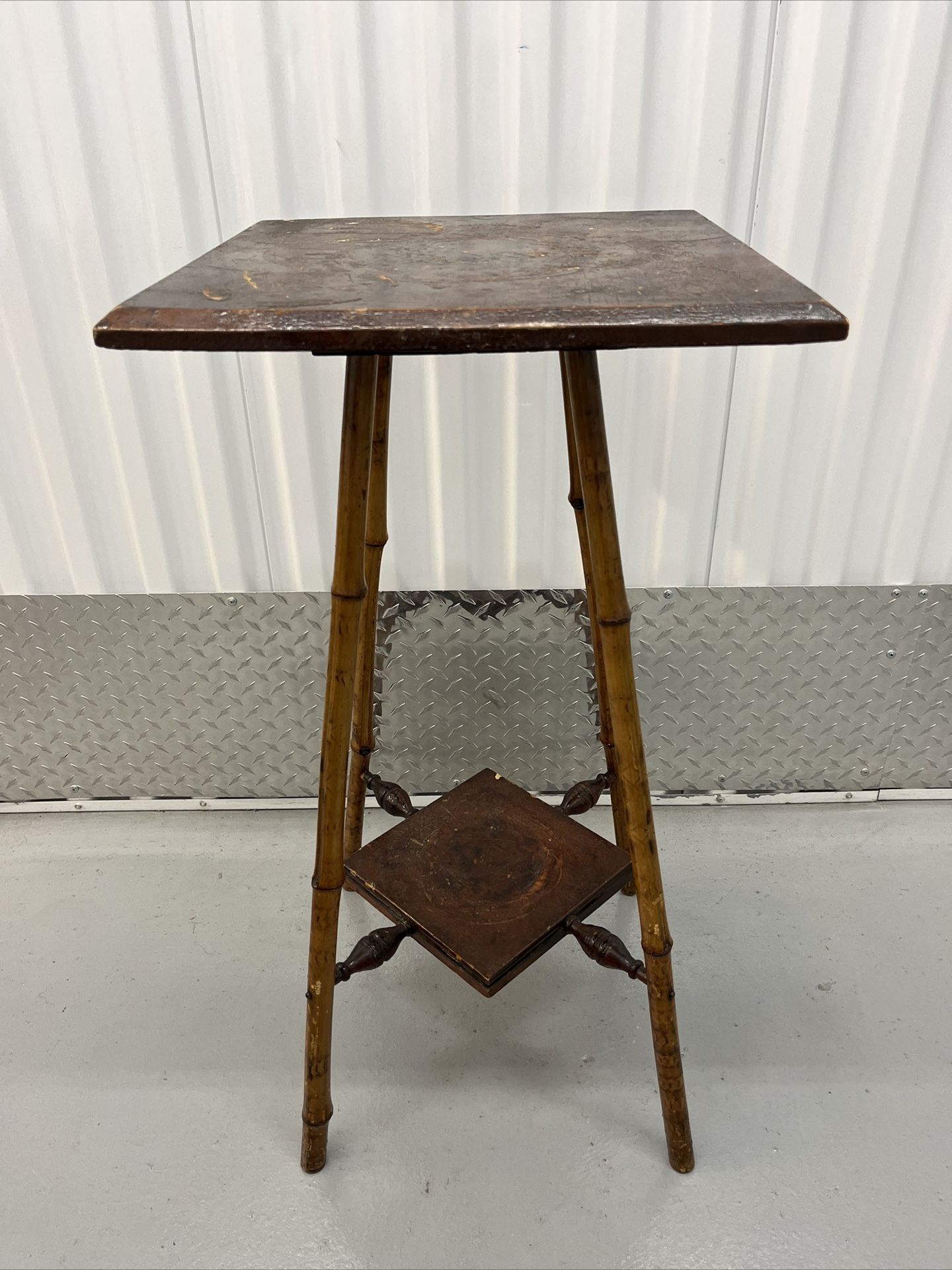 Vintage Bamboo Legs Wood End Table / Plant Stand 15” Sq x 29.5” H