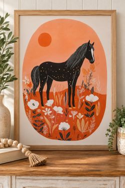 mxart 16x24 Framed Boho Horse Canvas Wall Art Orange Floral Western Decor